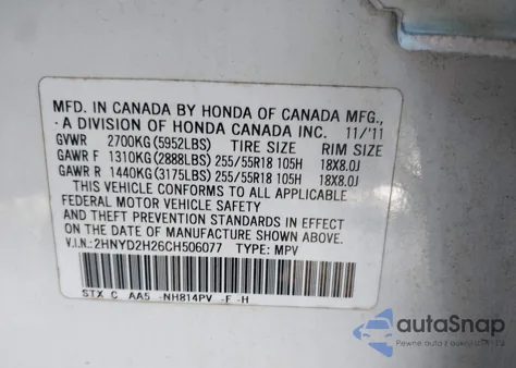 2012 Acura Mdx z USA, uszkodzony, nr VIN 2HNYD2H26CH506077